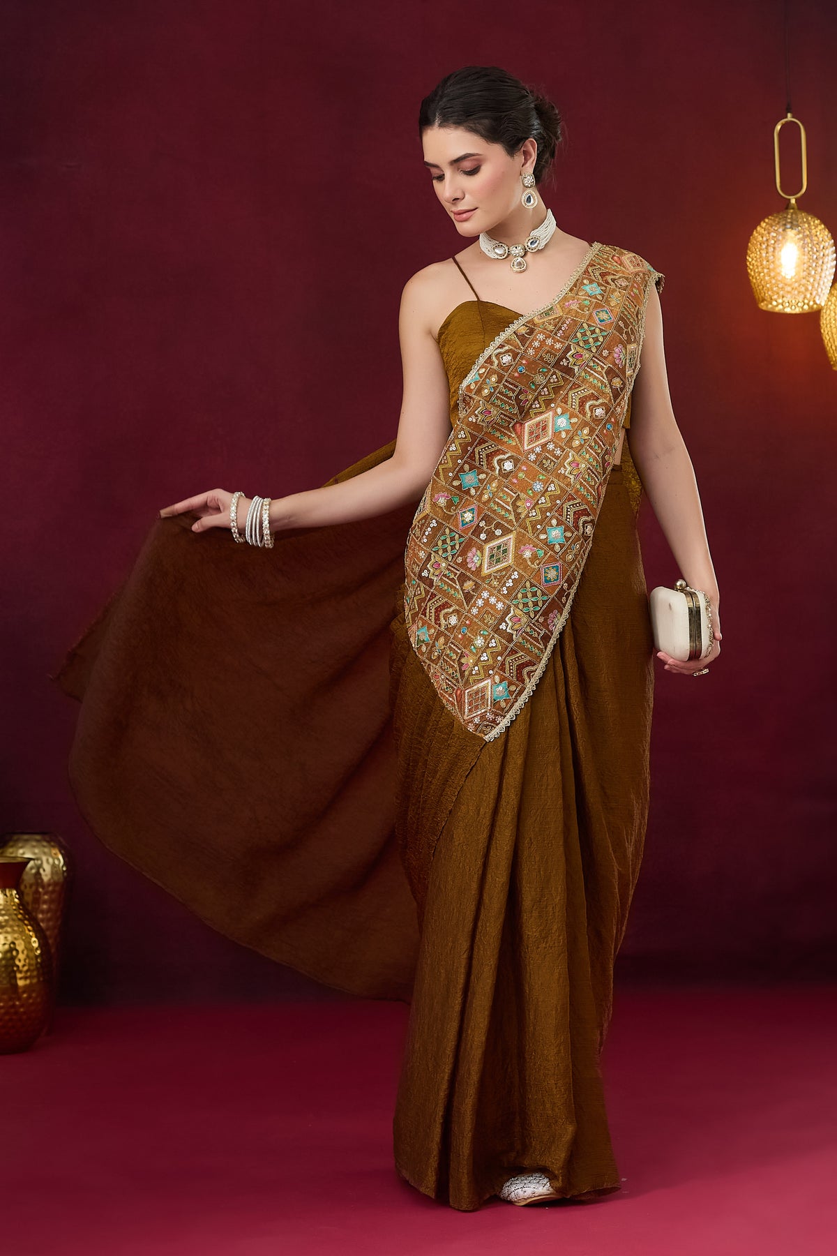 Brown Geometric Embroidered Art Silk Ready to Wear Saree