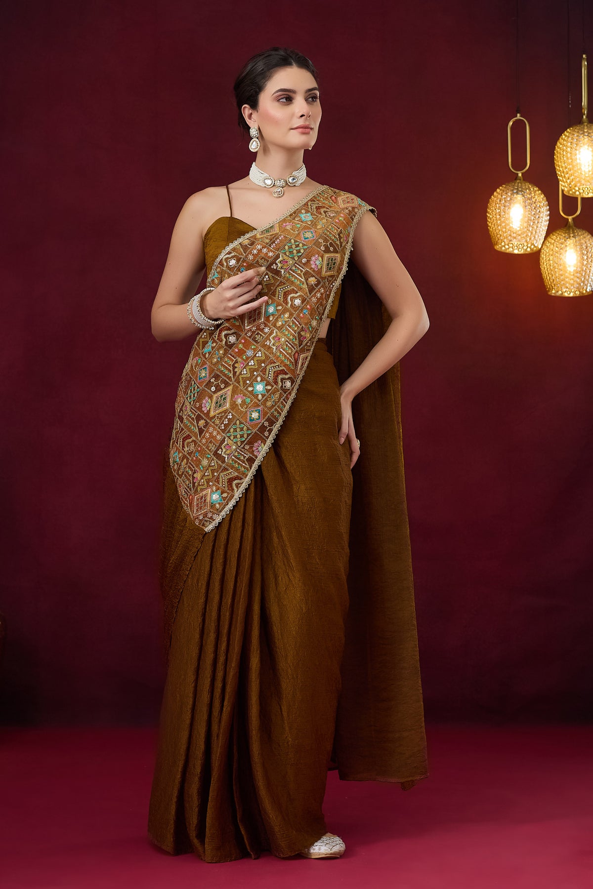 Brown Geometric Embroidered Art Silk Ready to Wear Saree