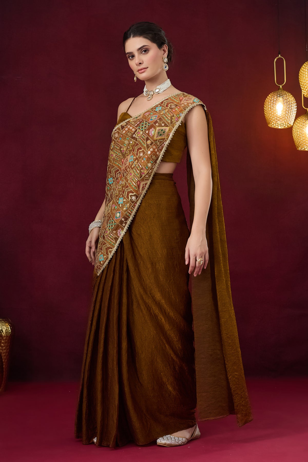 Brown Geometric Embroidered Art Silk Ready to Wear Saree