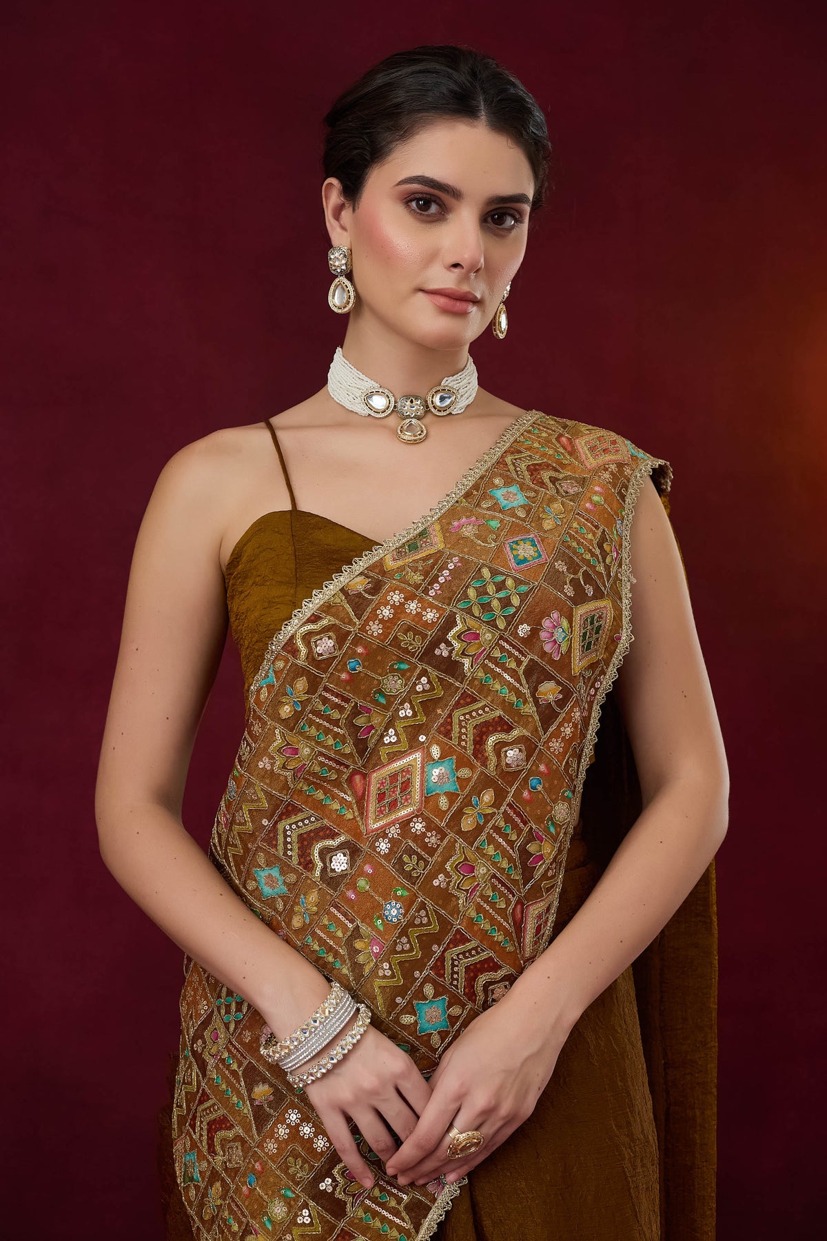 Brown Geometric Embroidered Art Silk Ready to Wear Saree
