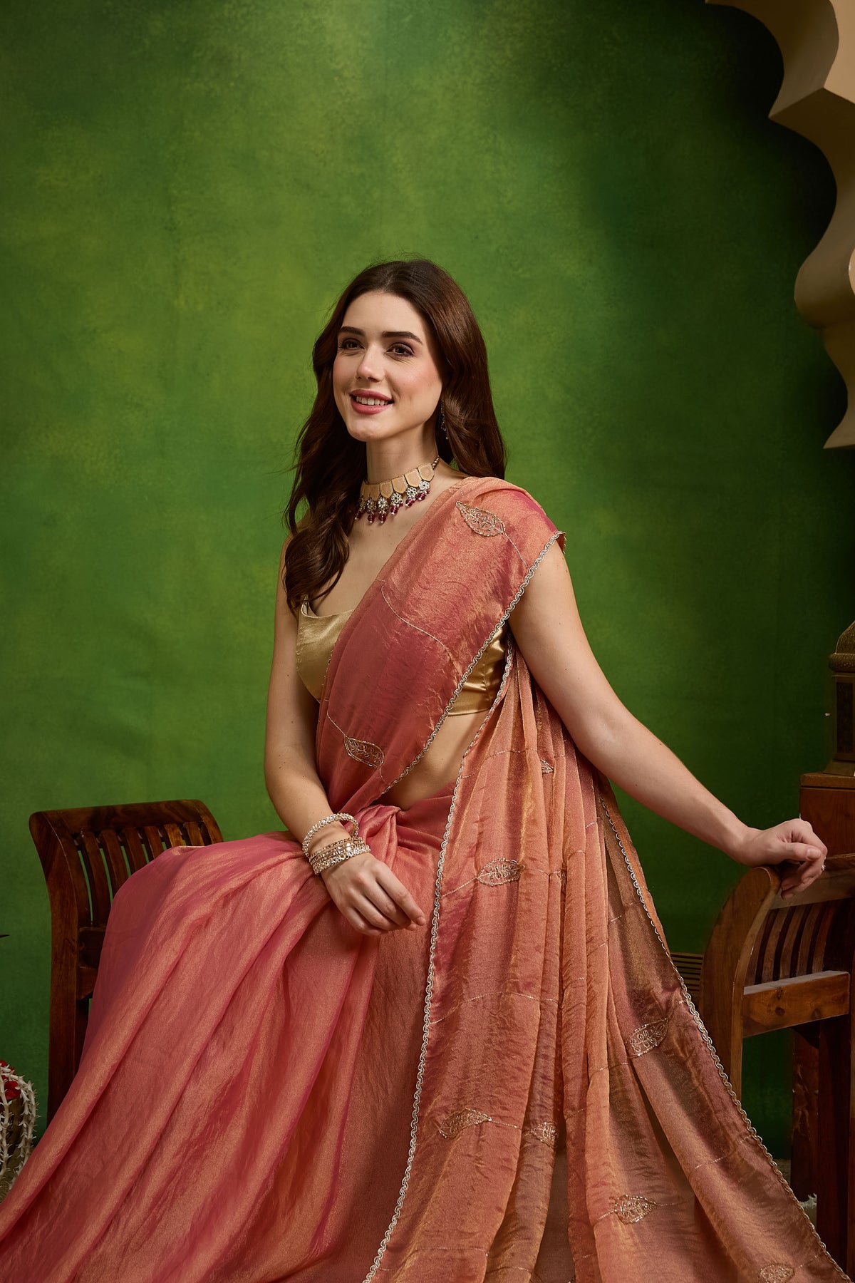 Peach Color Ethnic Motifs Organza Party Wear Saree