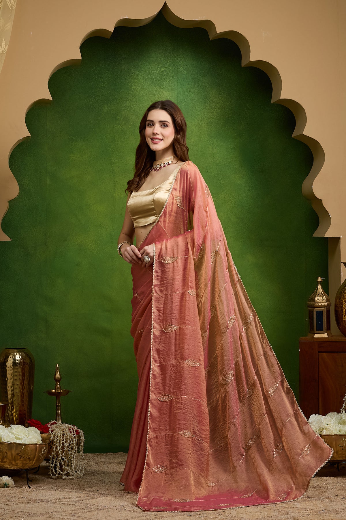 Peach Color Ethnic Motifs Organza Party Wear Saree