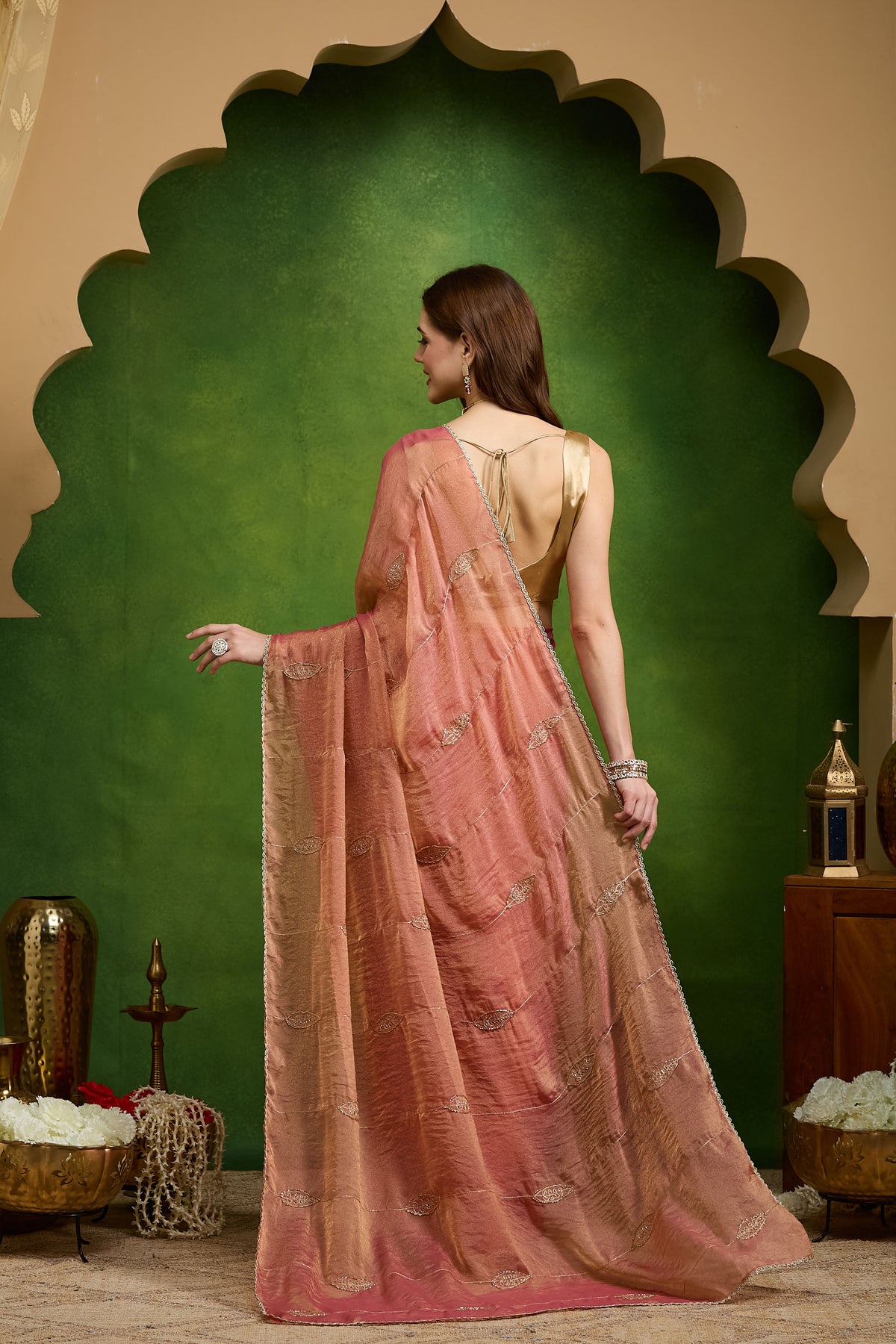 Peach Color Ethnic Motifs Organza Party Wear Saree