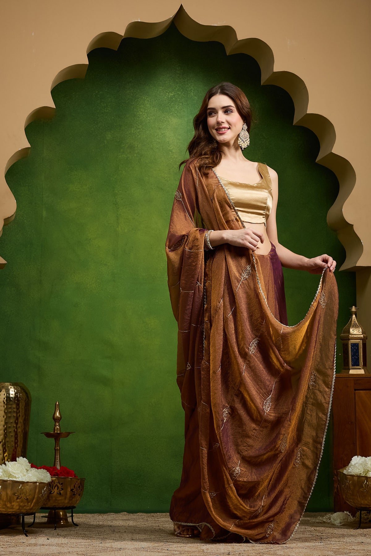 Brown Ethnic Motifs Printed Organza Party Wear Saree