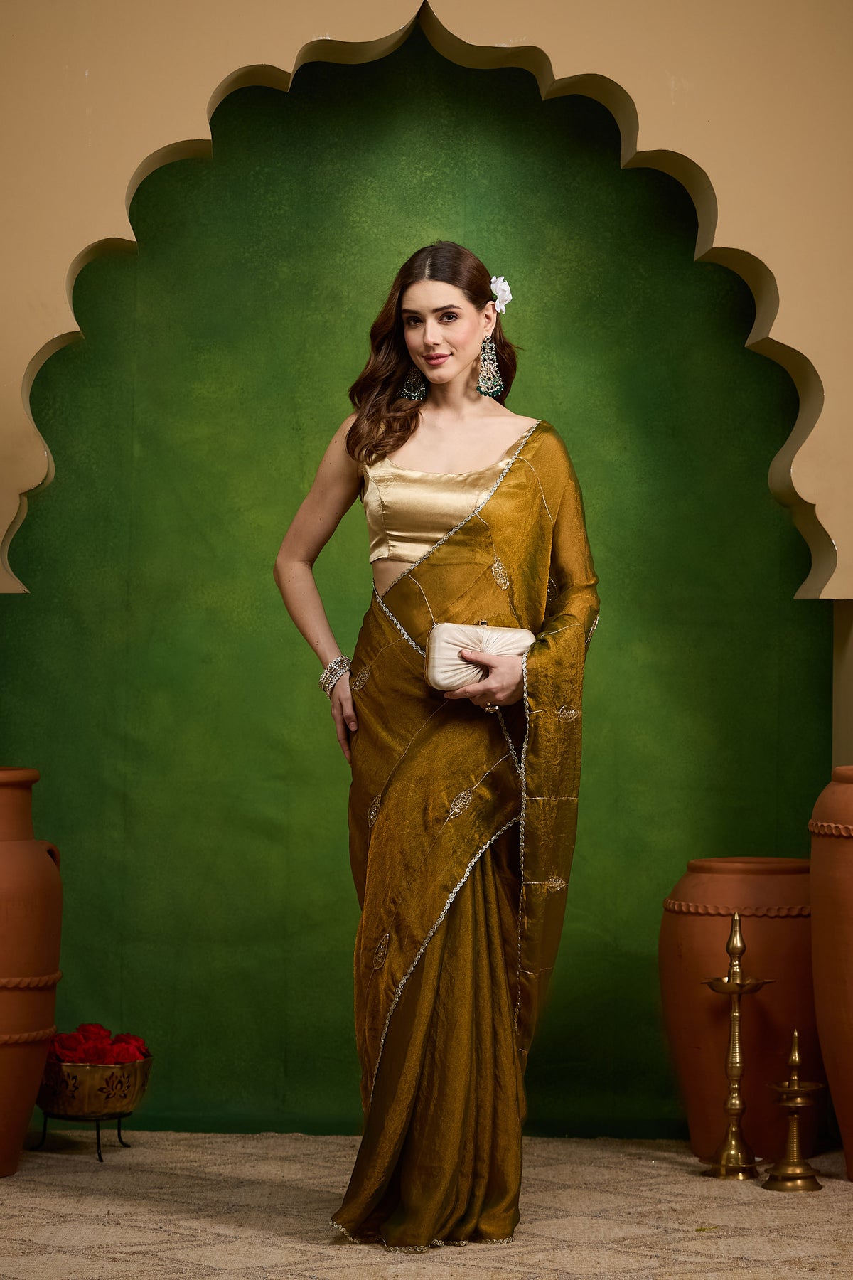 Gold Ethnic Motifs Embroidered Organza Party Saree
