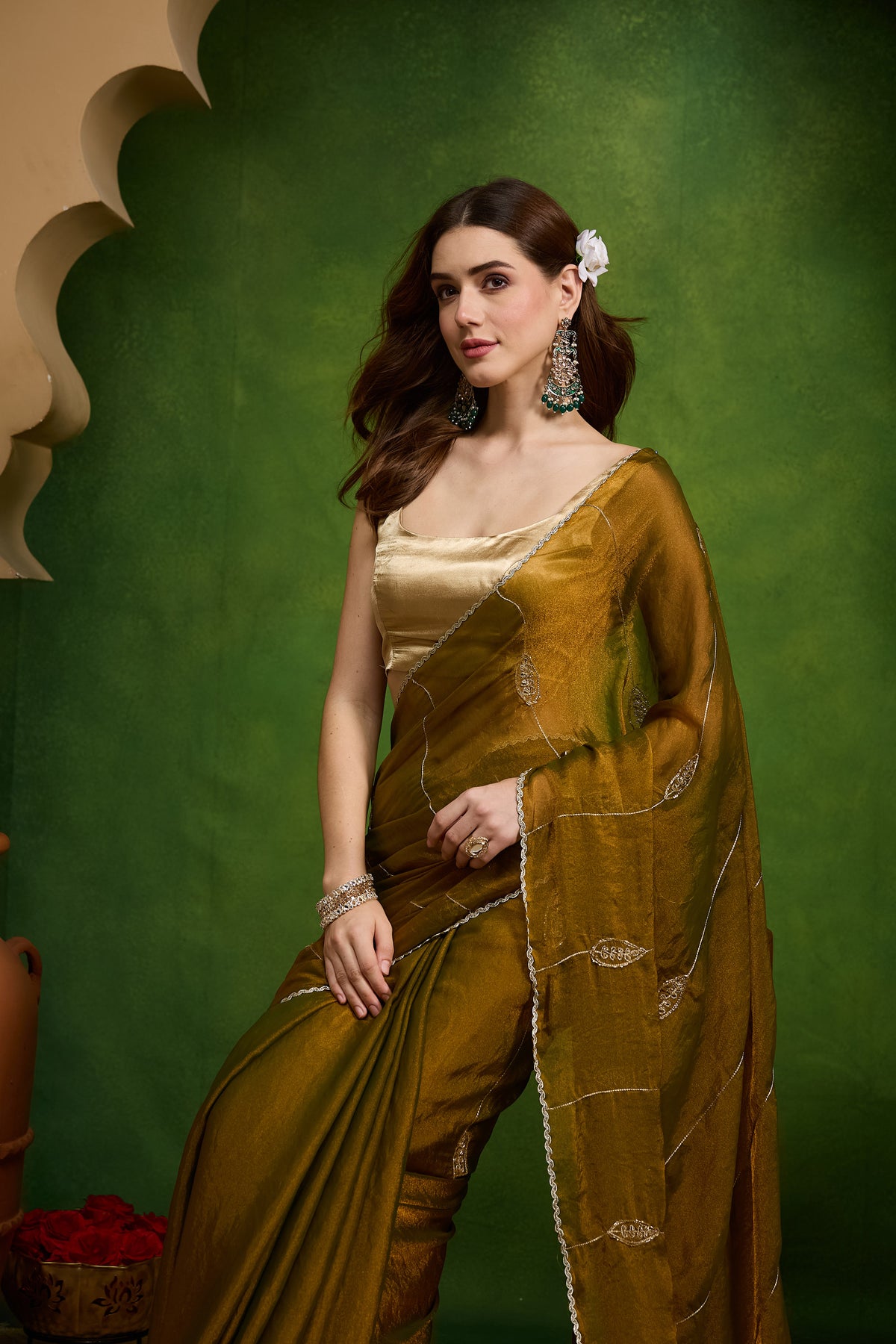Gold Ethnic Motifs Embroidered Organza Party Saree