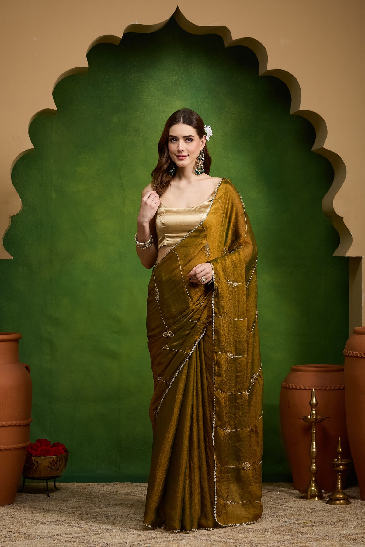 Gold Ethnic Motifs Embroidered Organza Party Saree