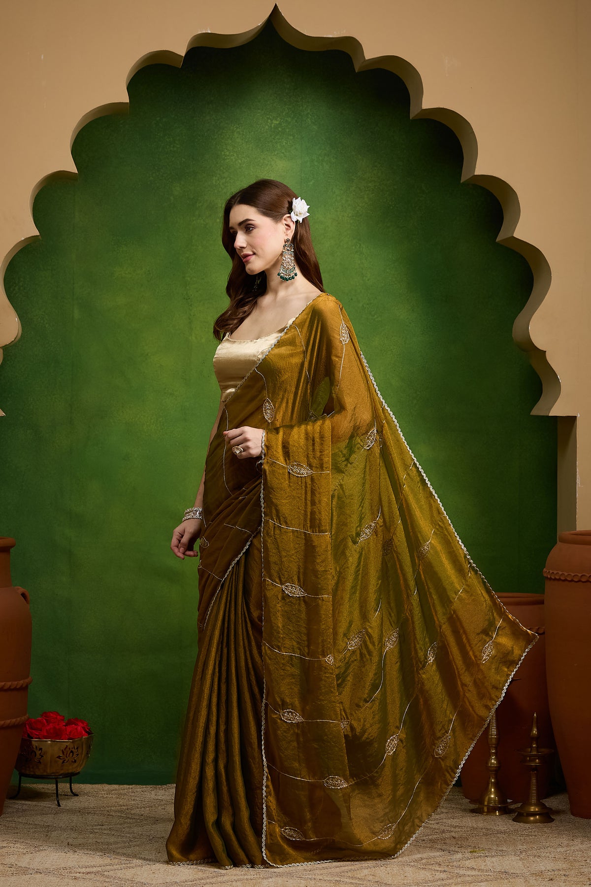 Gold Ethnic Motifs Embroidered Organza Party Saree
