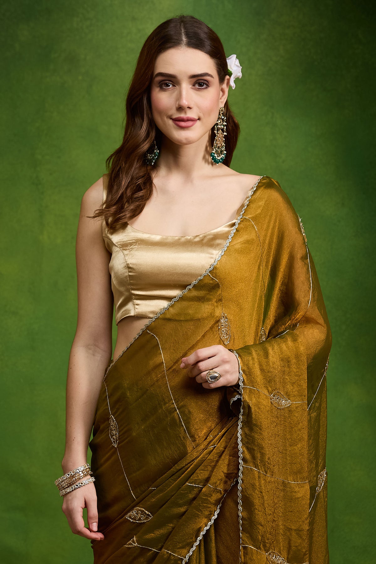 Gold Ethnic Motifs Embroidered Organza Party Saree