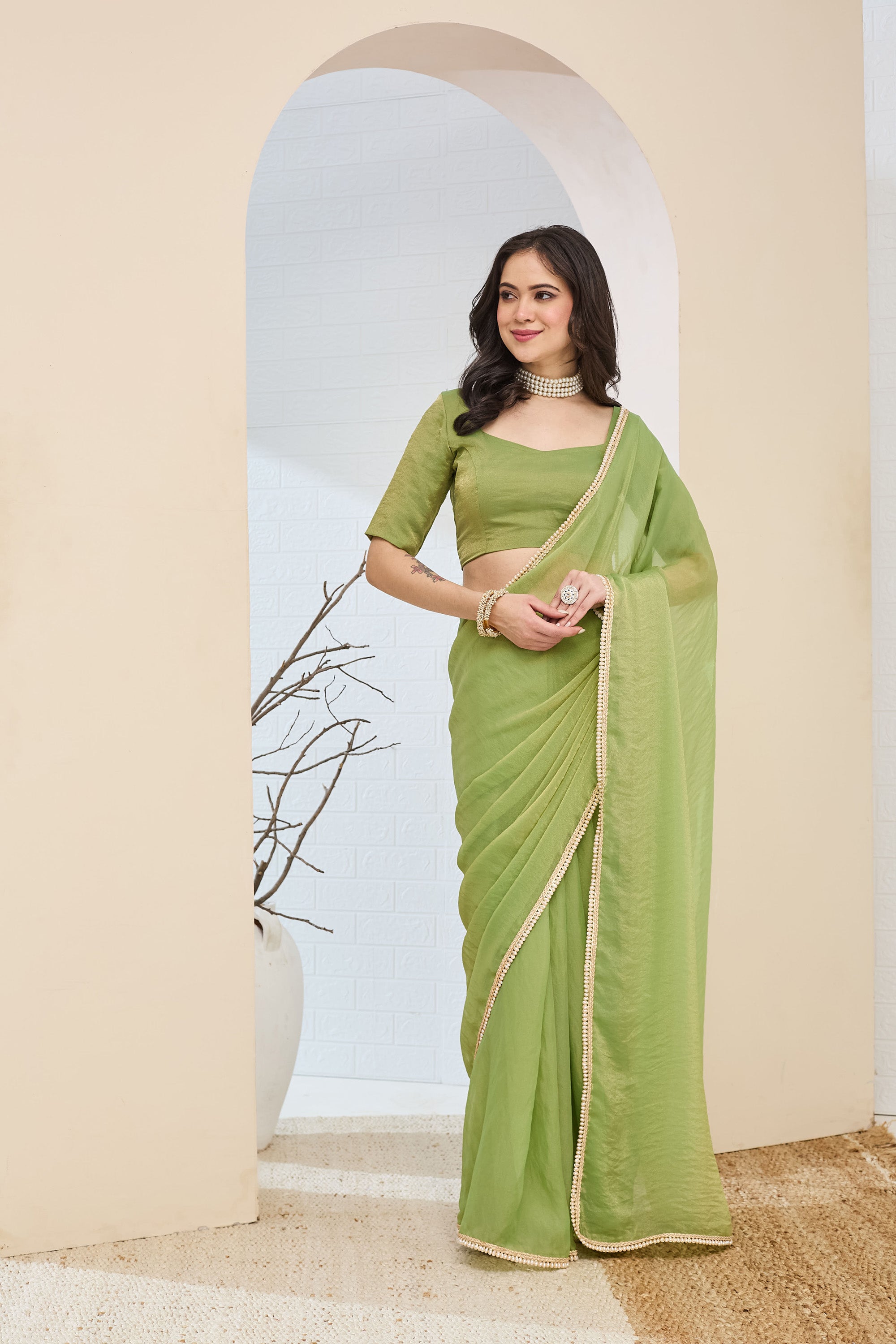 Lime Green Designer Silk Blend Ready To Wear Saree