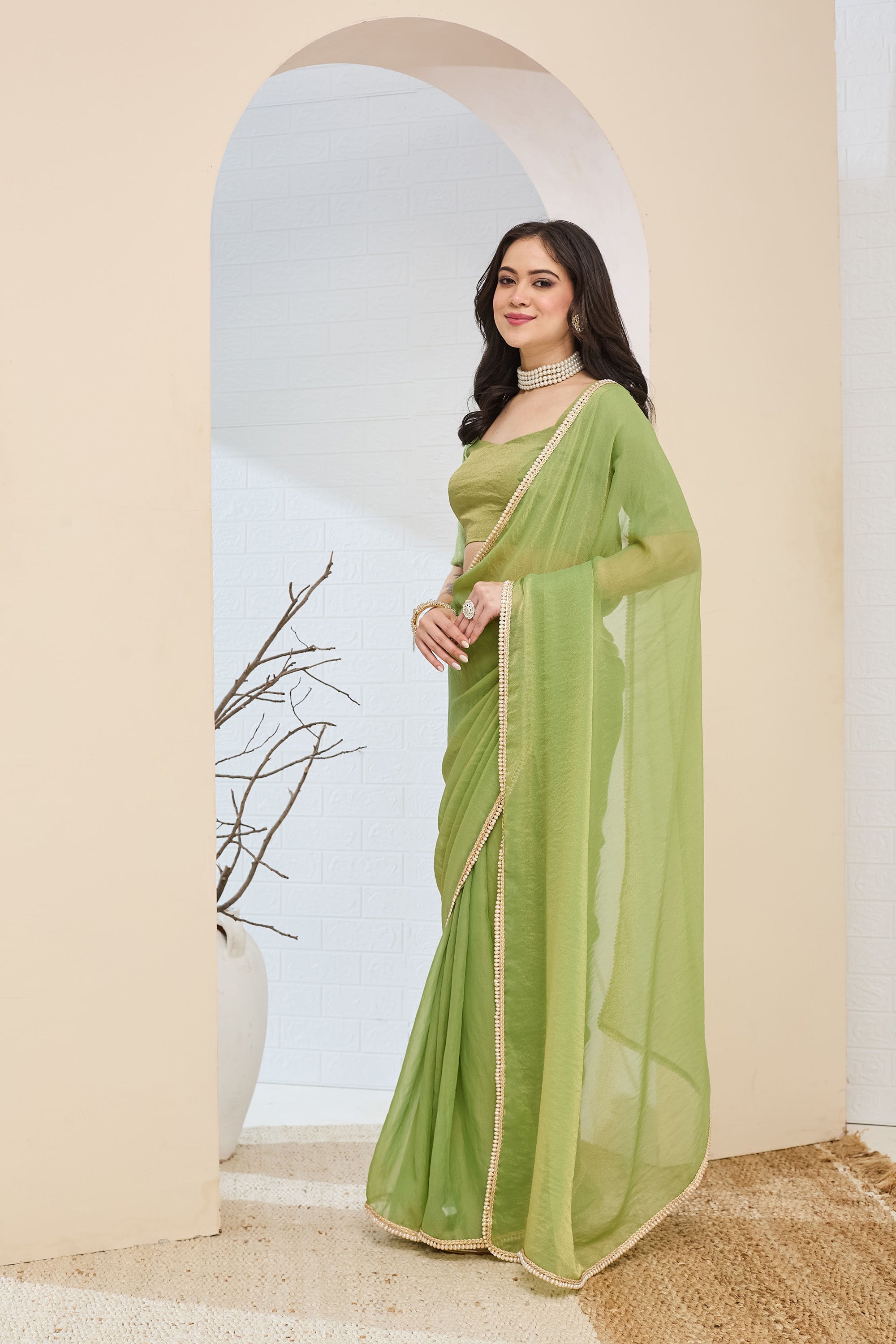 Lime Green Designer Silk Blend Ready To Wear Saree