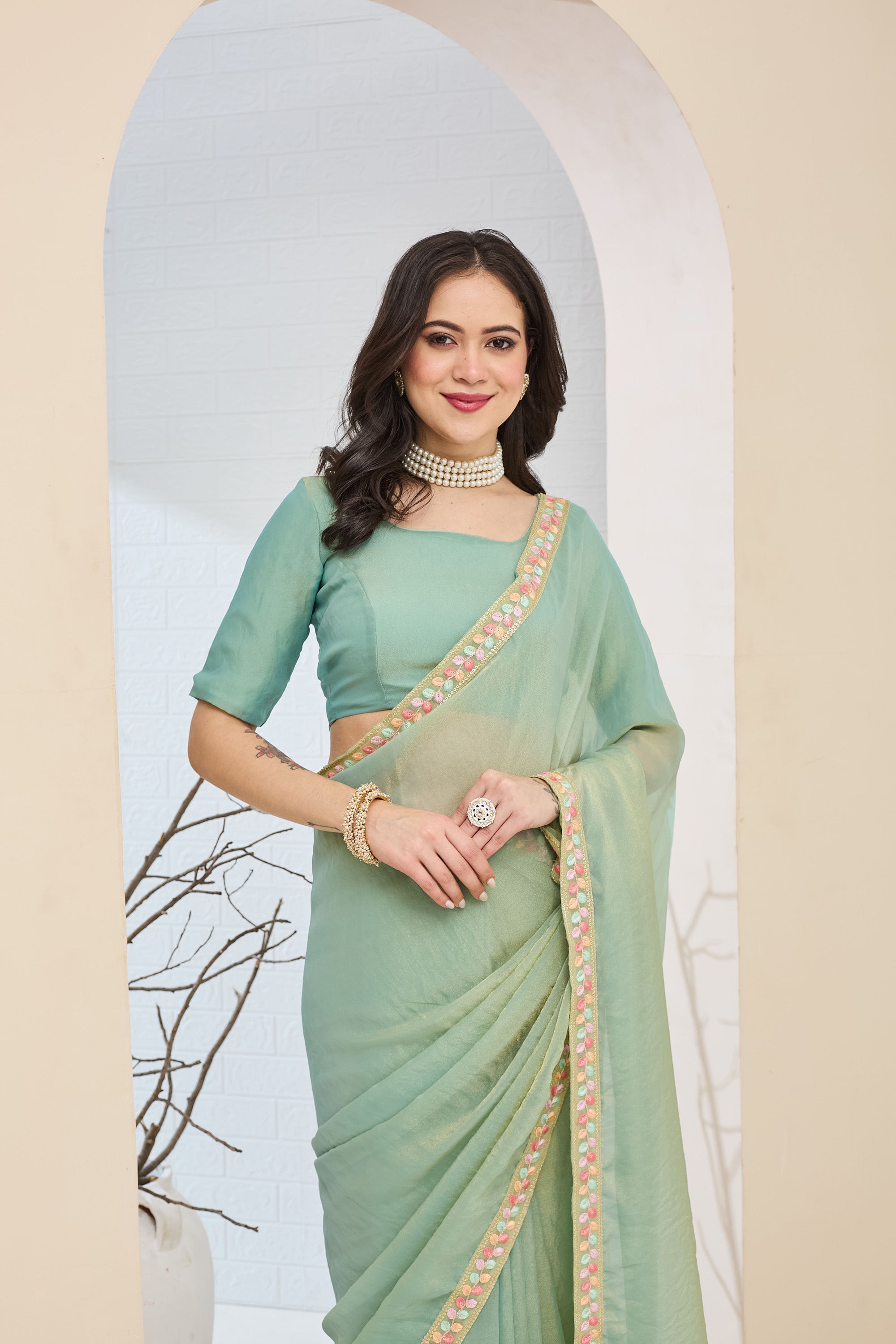 Sea Blue Designer Silk Blend Ready To Wear Saree