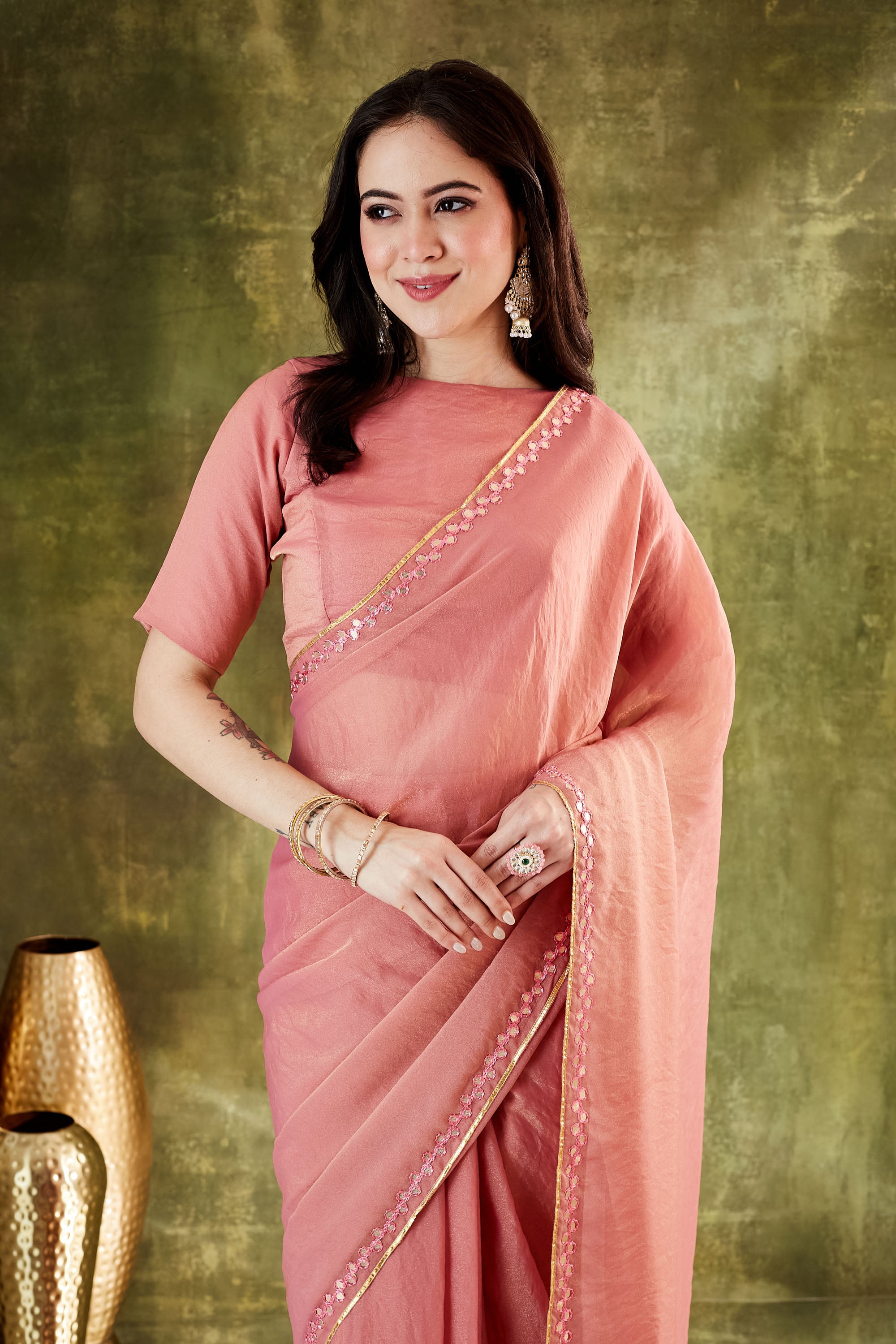 Peach Color Designer Silk Blend Ready To Wear Saree