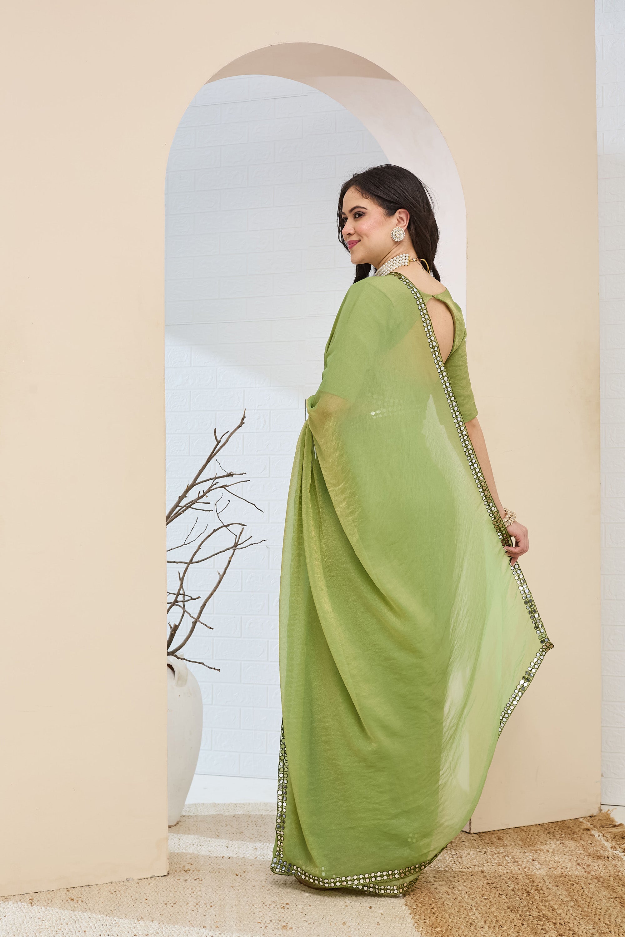 Lime Green Designer Silk Blend Mirror Work Ready To Wear Saree