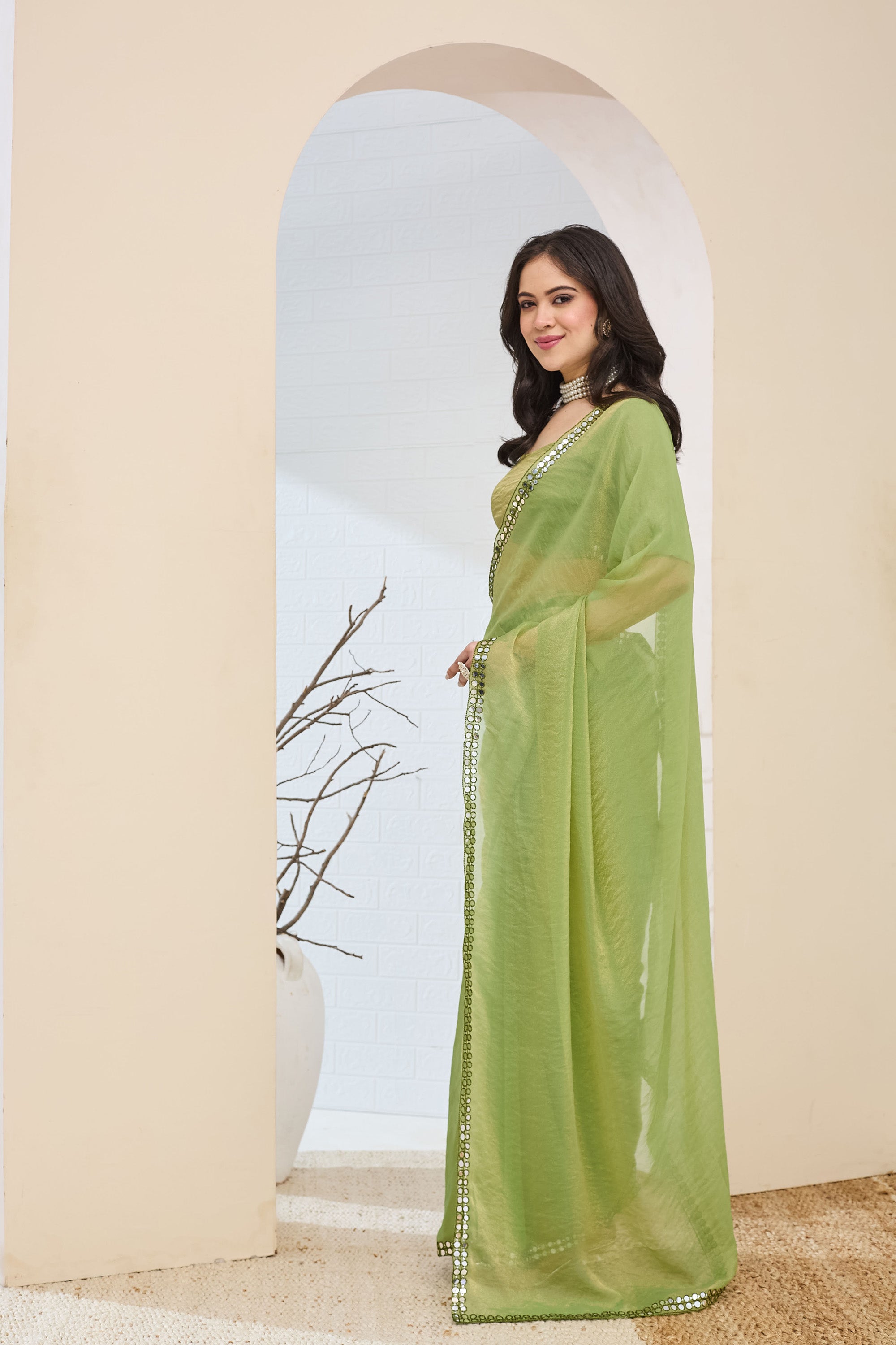 Lime Green Designer Silk Blend Mirror Work Ready To Wear Saree