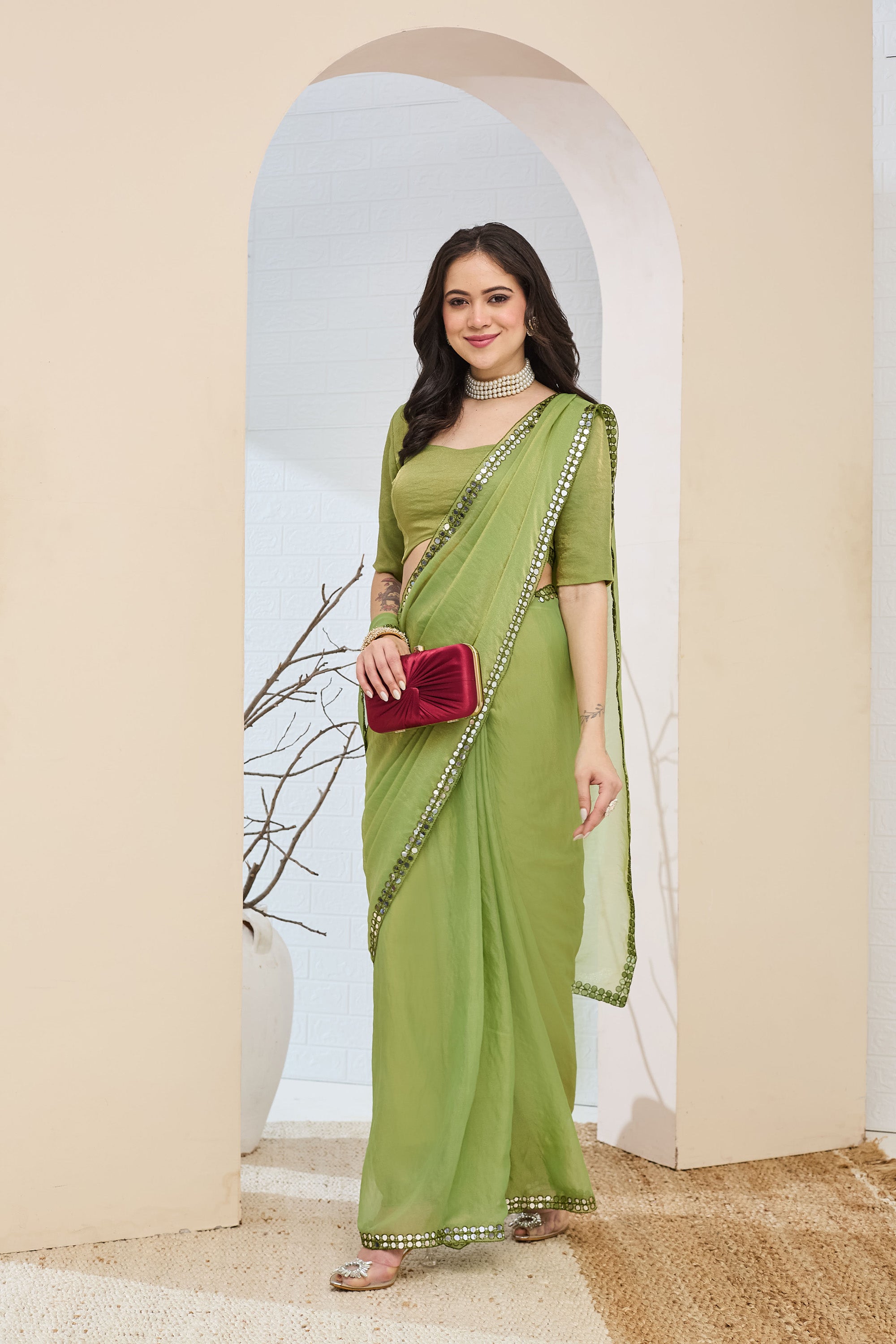 Lime Green Designer Silk Blend Mirror Work Ready To Wear Saree