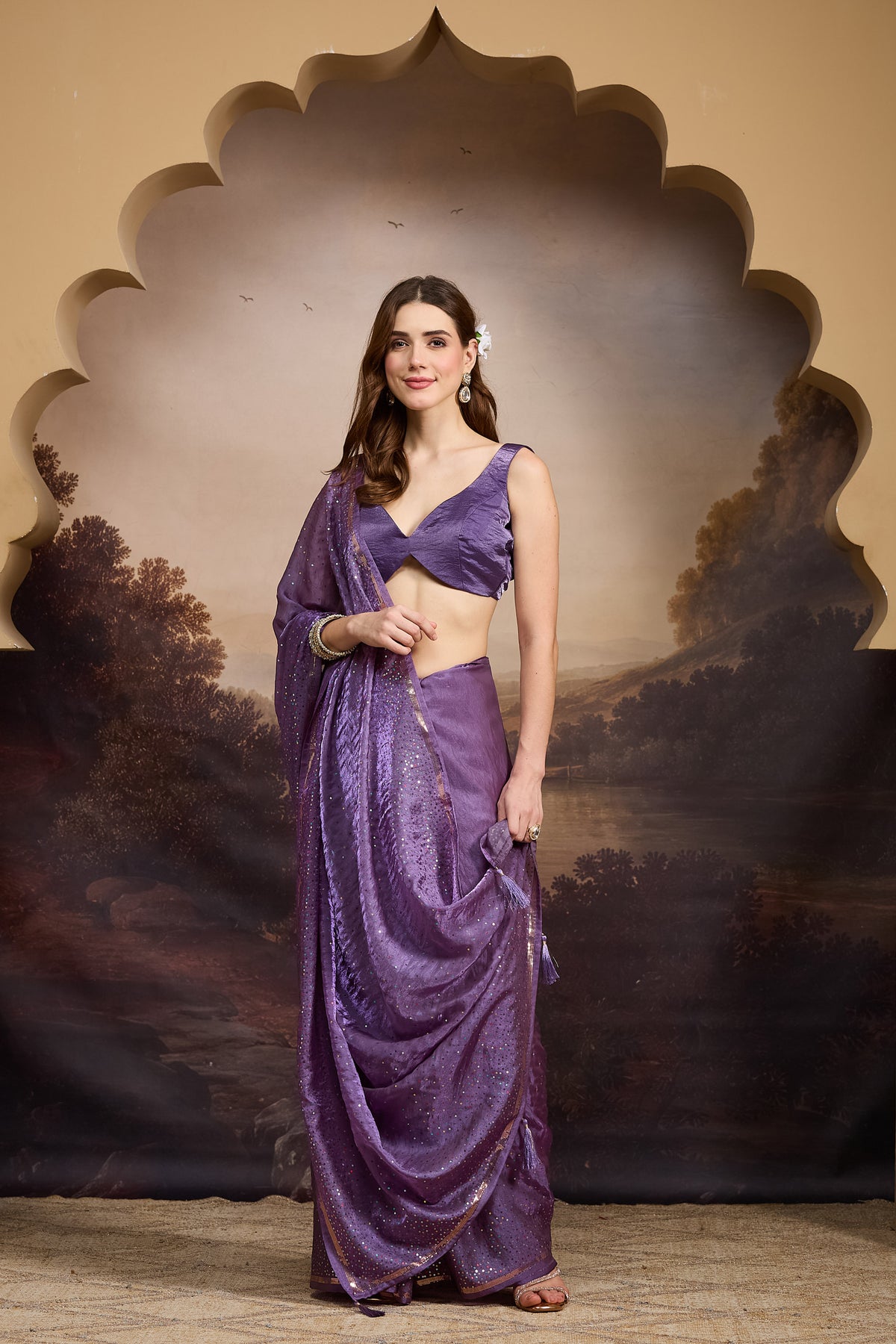 Purple Solid Dyed Satin Ready to Wear Saree