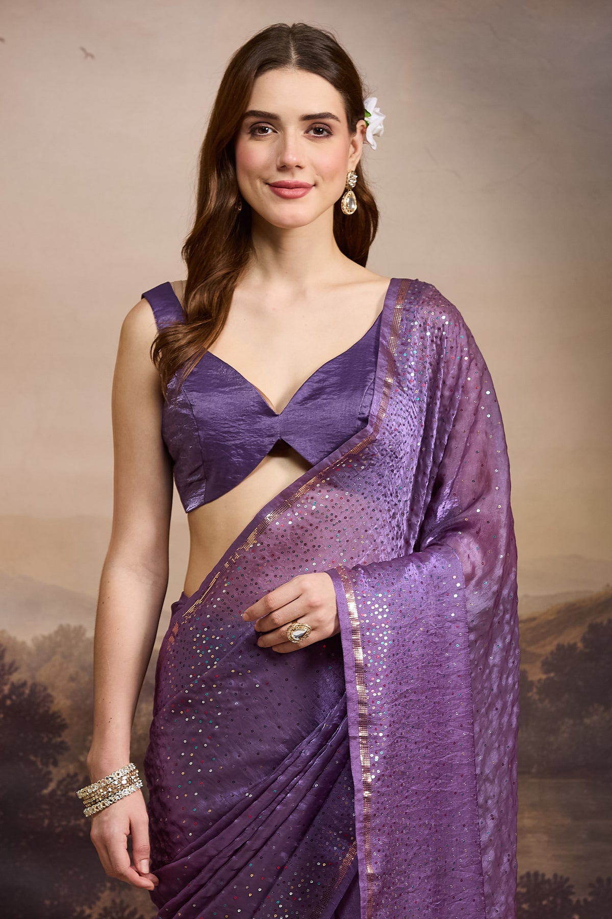 Purple Solid Dyed Satin Ready to Wear Saree