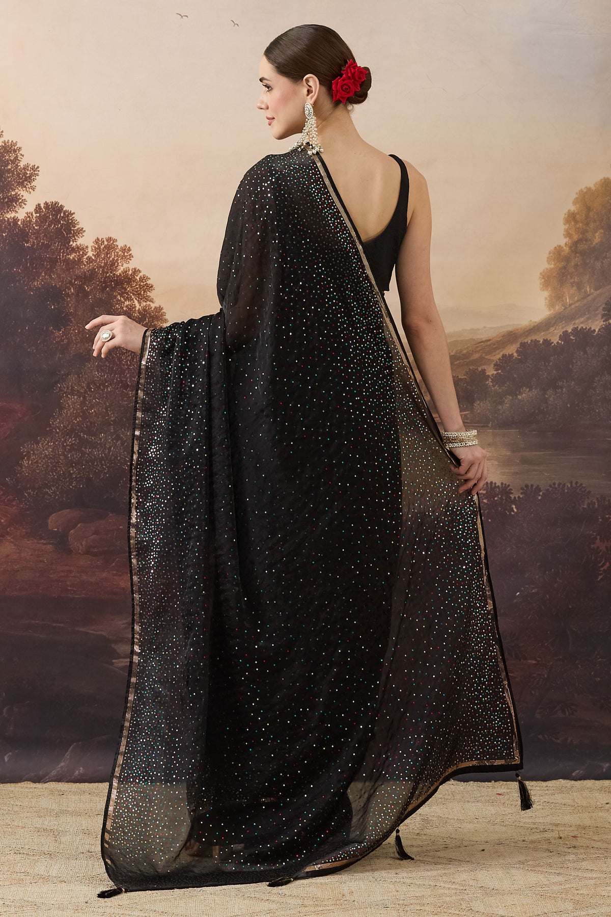 Black Multi-Colour Sequin Satin Ready to Wear Saree