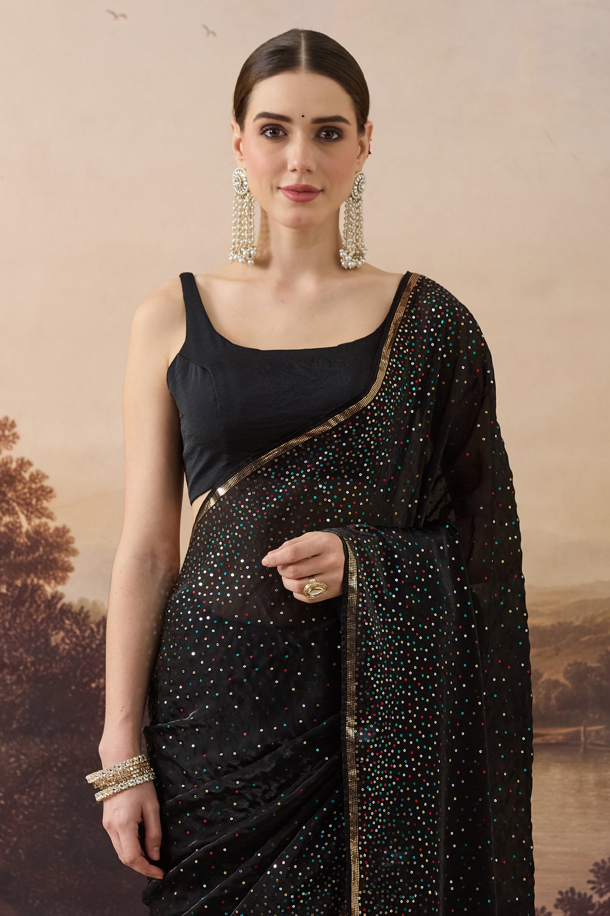 Black Multi-Colour Sequin Satin Ready to Wear Saree