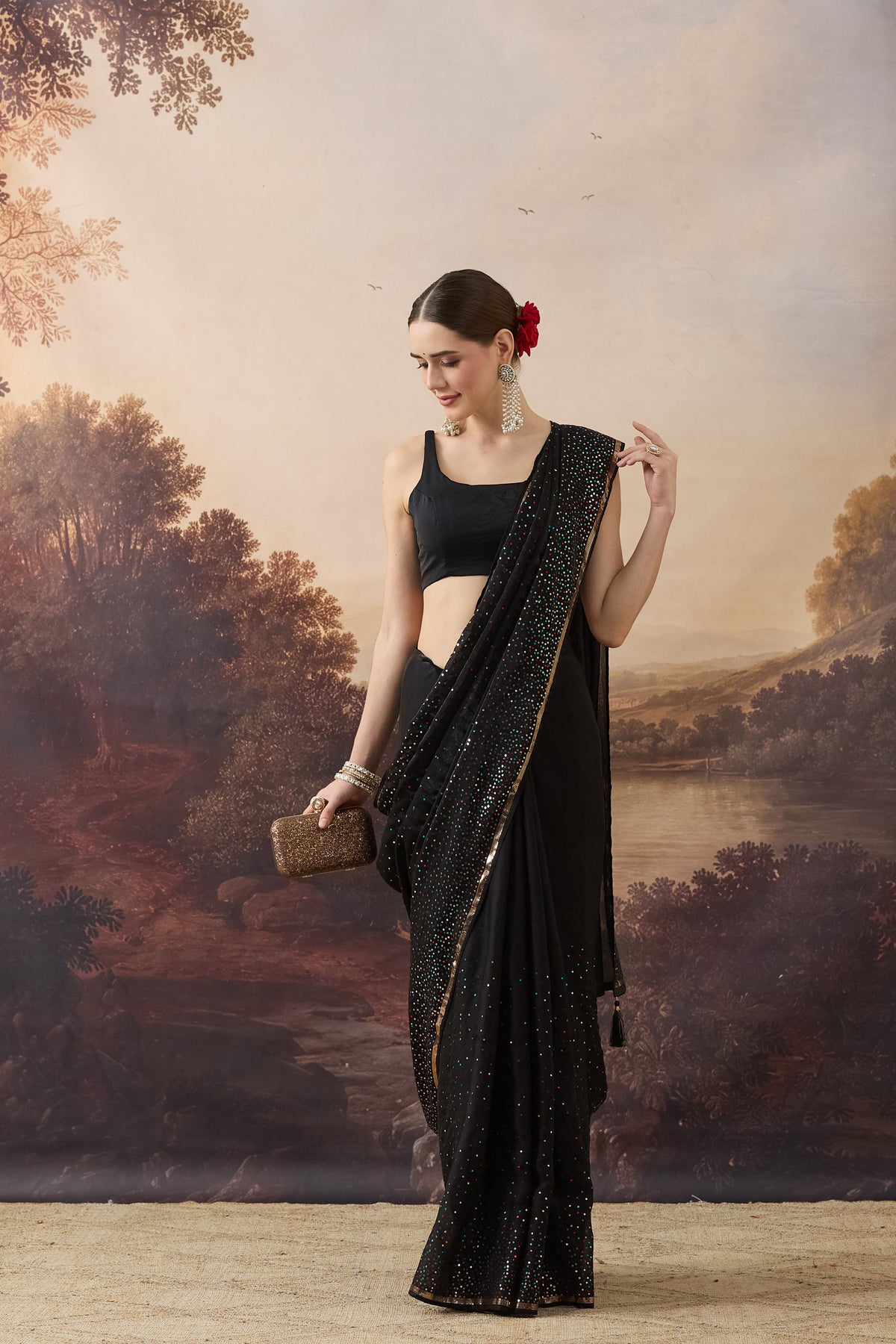 Black Multi-Colour Sequin Satin Ready to Wear Saree