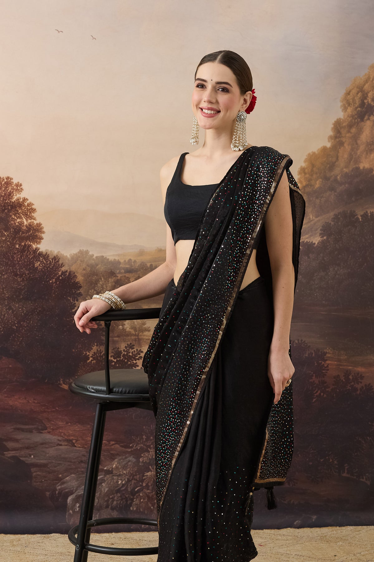 Black Multi-Colour Sequin Satin Ready to Wear Saree