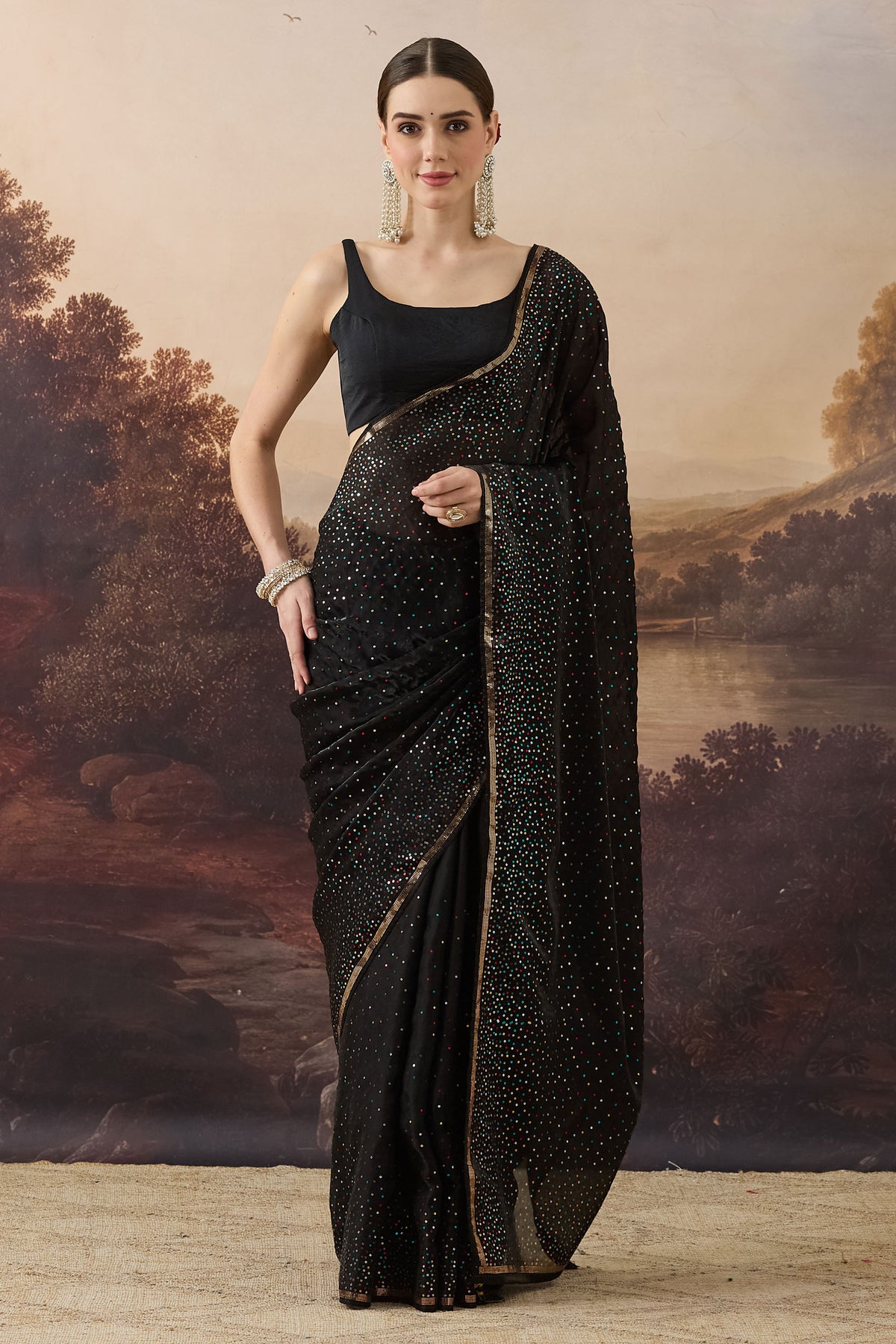 Black Multi-Colour Sequin Satin Ready to Wear Saree