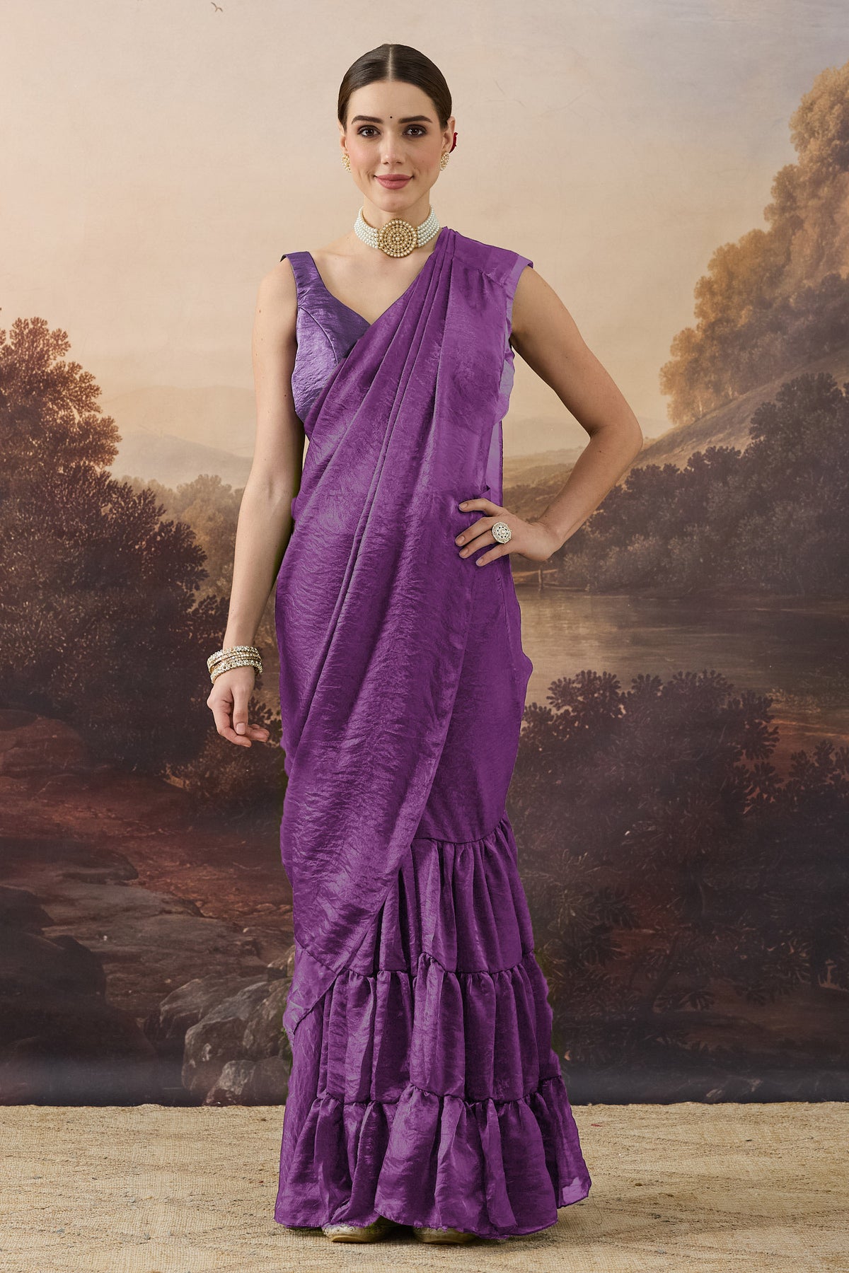 Purple Color Solid Organza Ready to Wear Saree