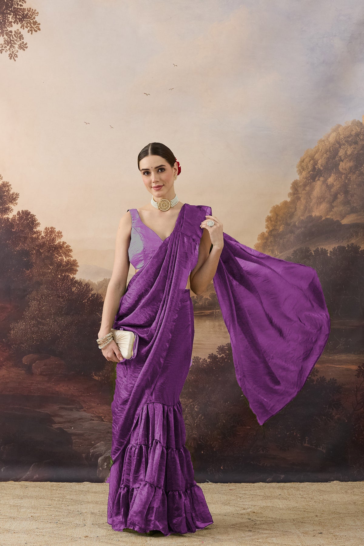 Purple Color Solid Organza Ready to Wear Saree