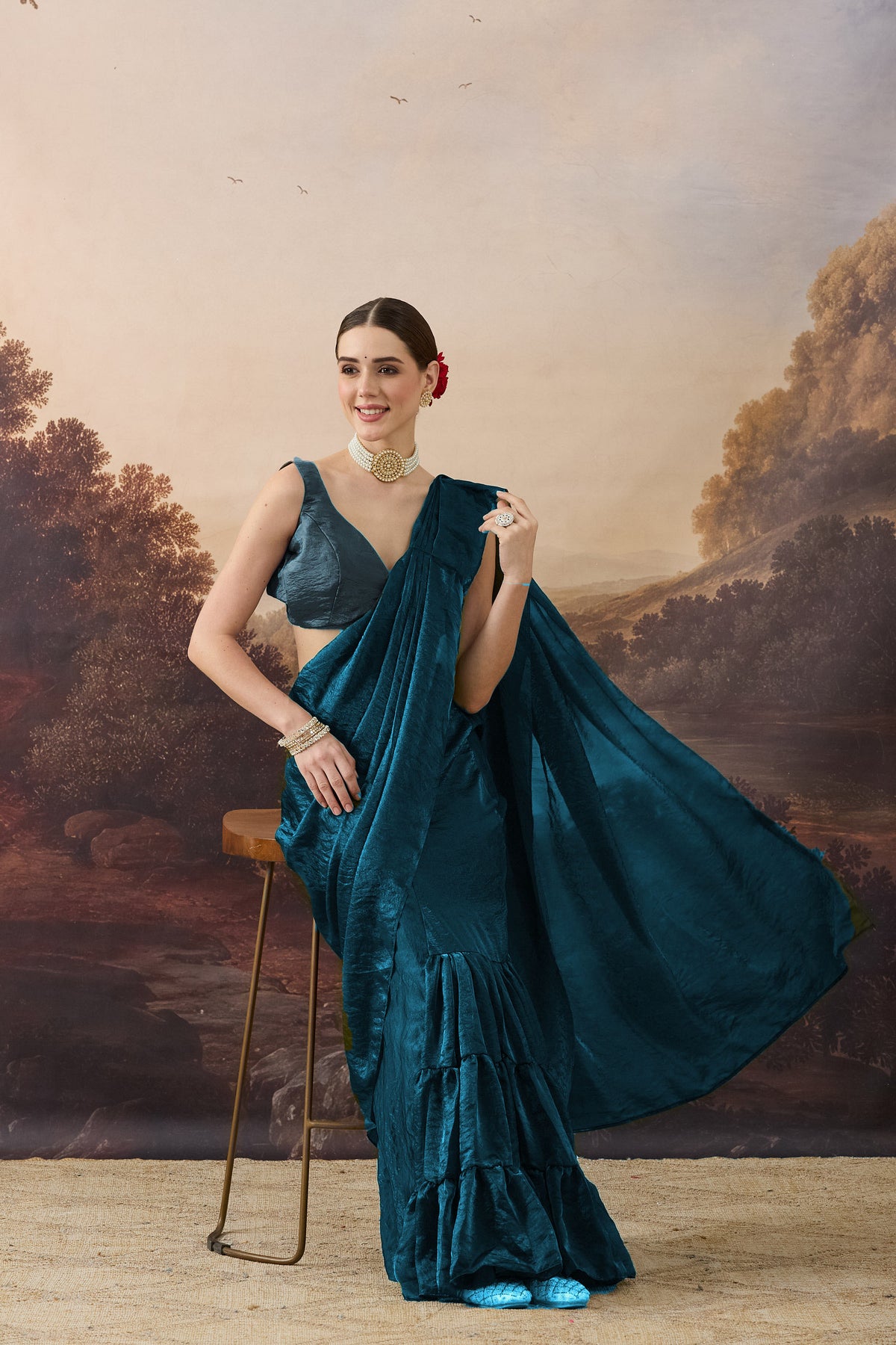 Teal Color Solid Organza Ready to Wear Saree