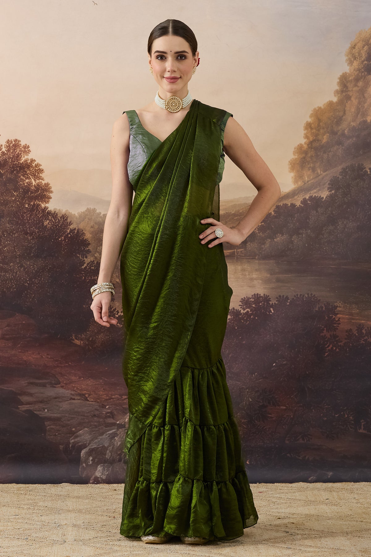 Mehendi Color Solid Organza Ready to Wear Saree