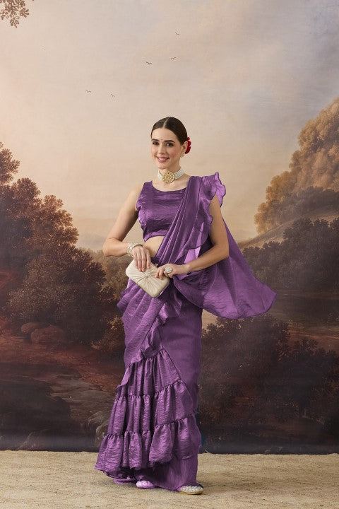 Purple Green Solid Organza Ready to Wear Saree