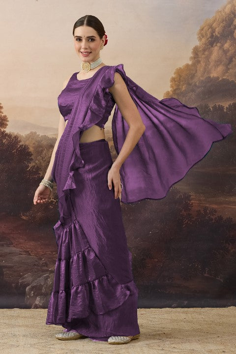 Purple Green Solid Organza Ready to Wear Saree