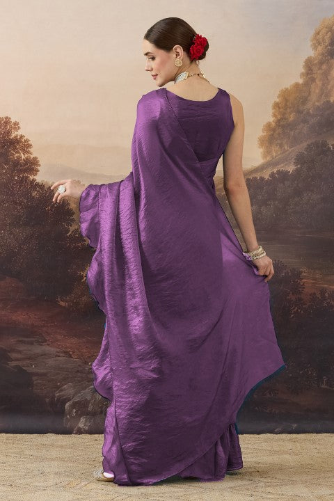 Purple Green Solid Organza Ready to Wear Saree