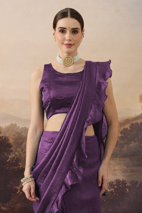 Purple Green Solid Organza Ready to Wear Saree