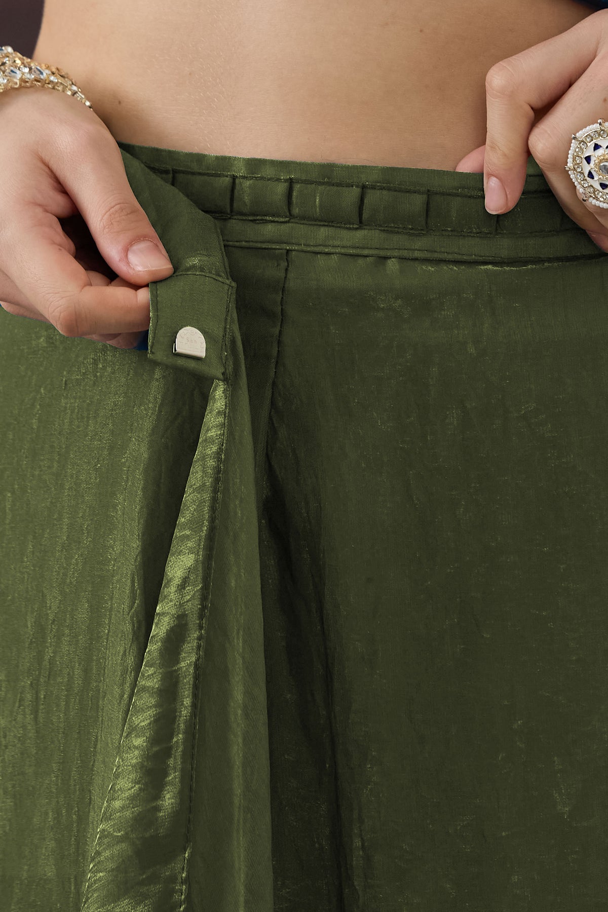 Olive Green Solid Organza Ready to Wear Saree