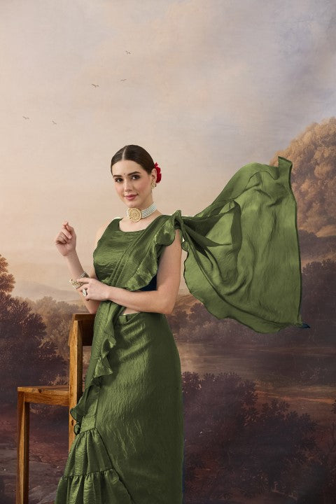 Olive Green Solid Organza Ready to Wear Saree