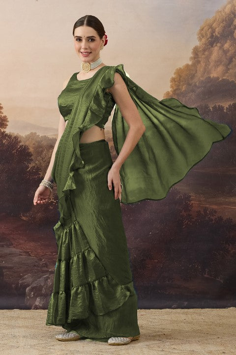 Olive Green Solid Organza Ready to Wear Saree
