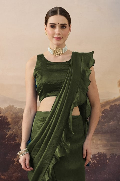Olive Green Solid Organza Ready to Wear Saree