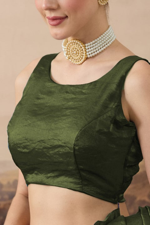 Olive Green Solid Organza Ready to Wear Saree