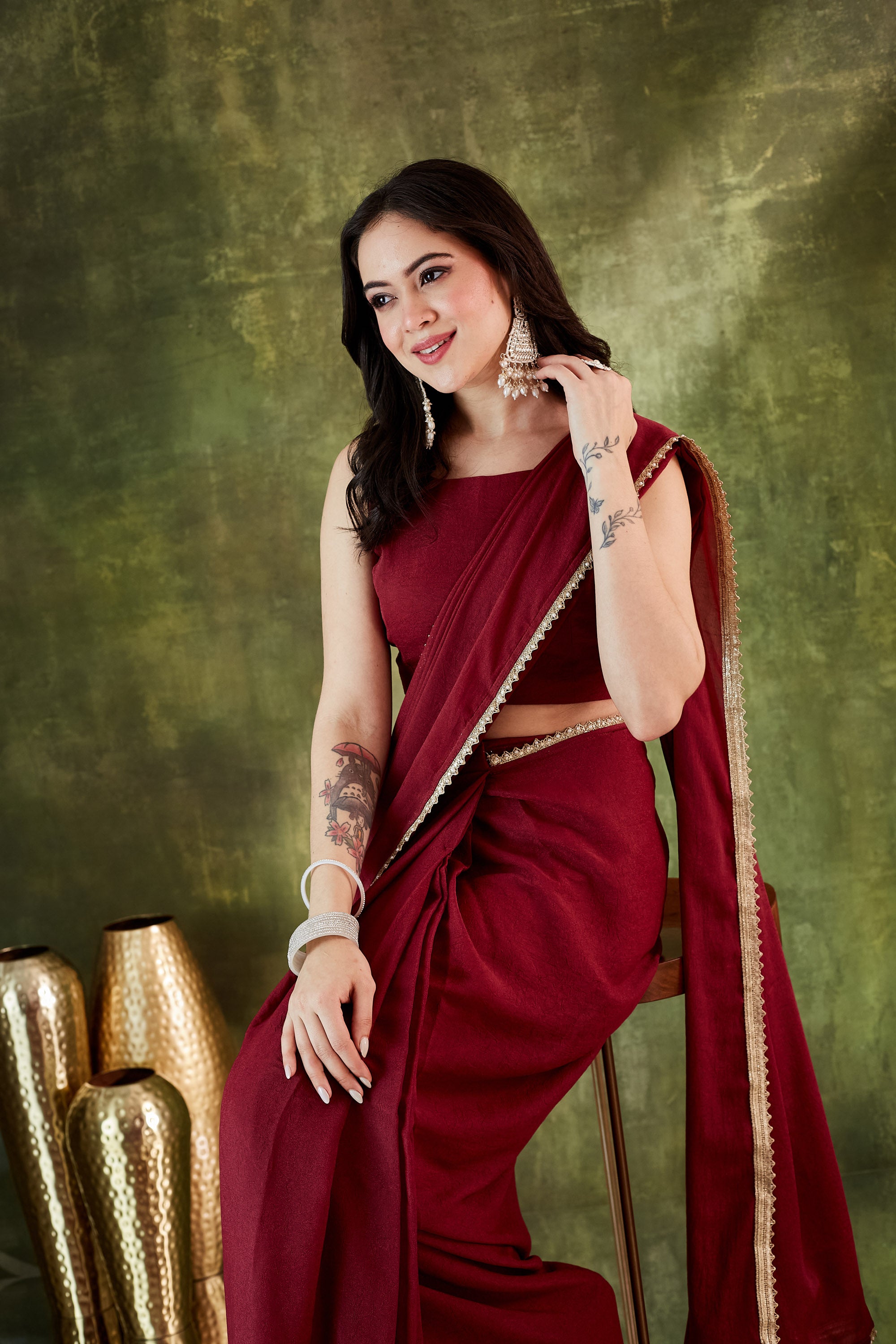 Red Organza Ready To Wear Saree with Zari Border