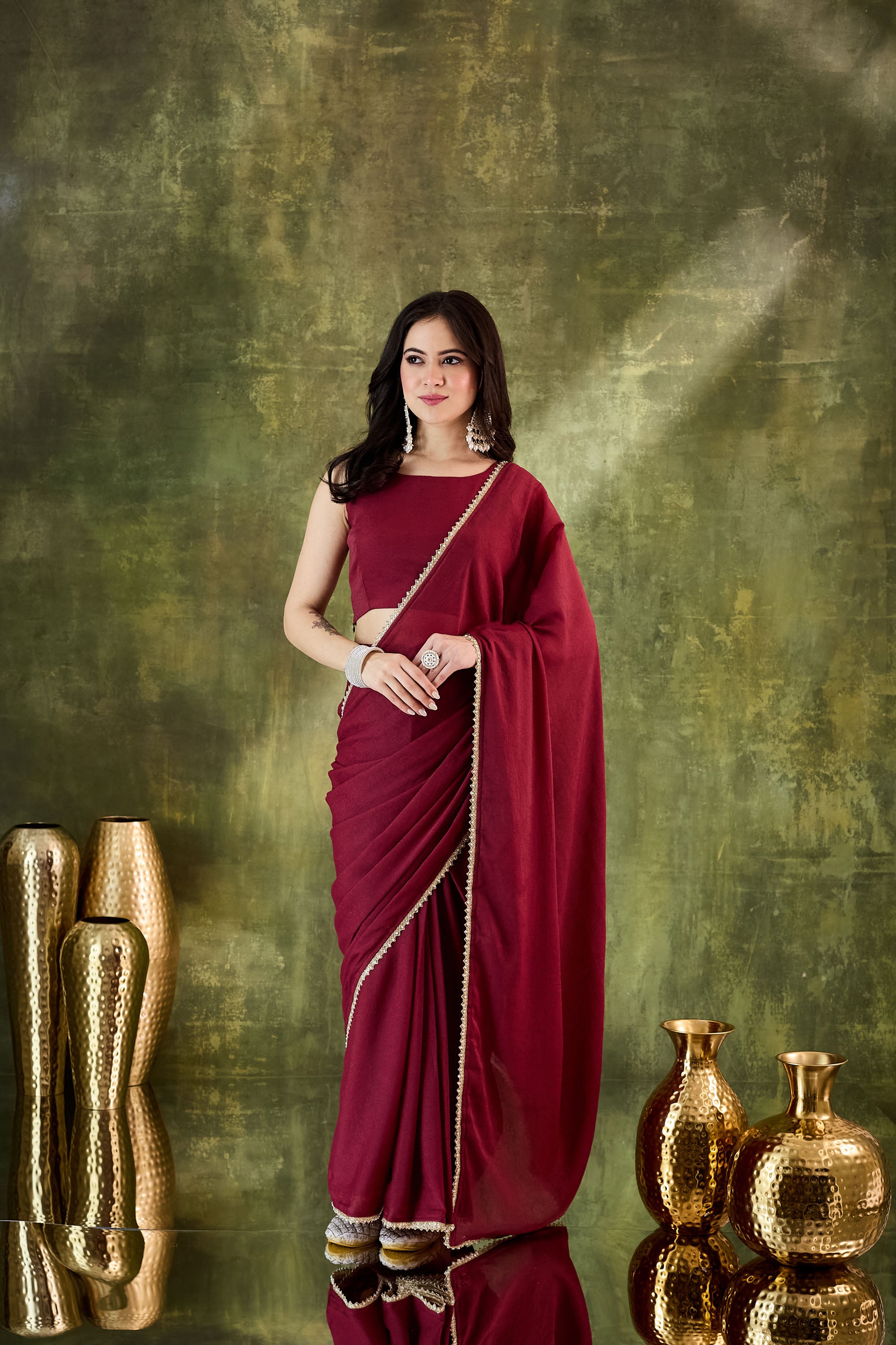 Red Organza Ready To Wear Saree with Zari Border