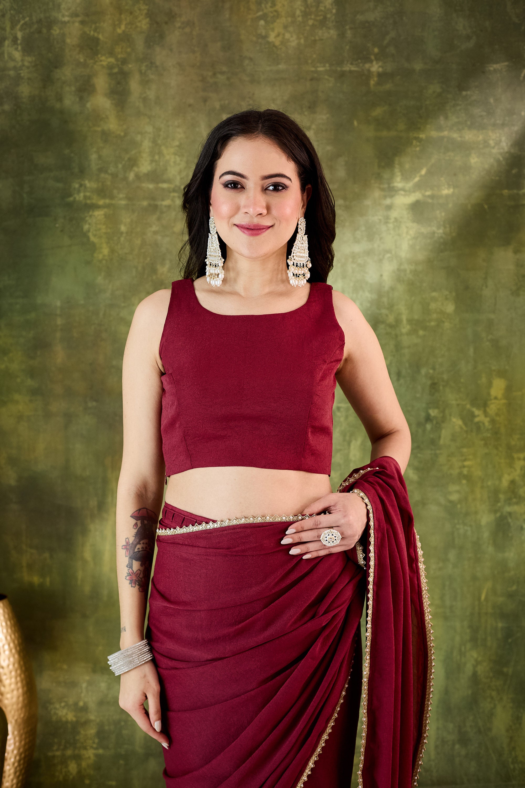 Red Organza Ready To Wear Saree with Zari Border