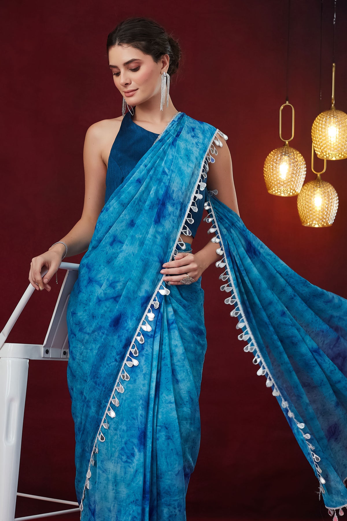 Blue Tie and Dye Pure Chiffon Party Wear Saree