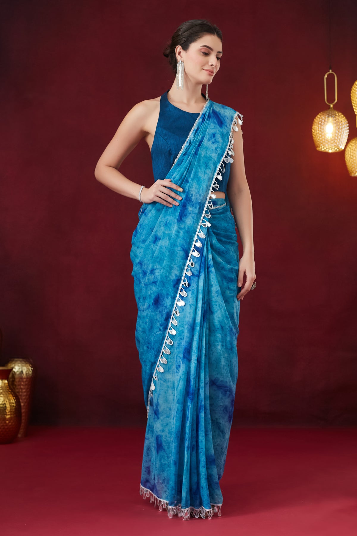 Blue Tie and Dye Pure Chiffon Party Wear Saree