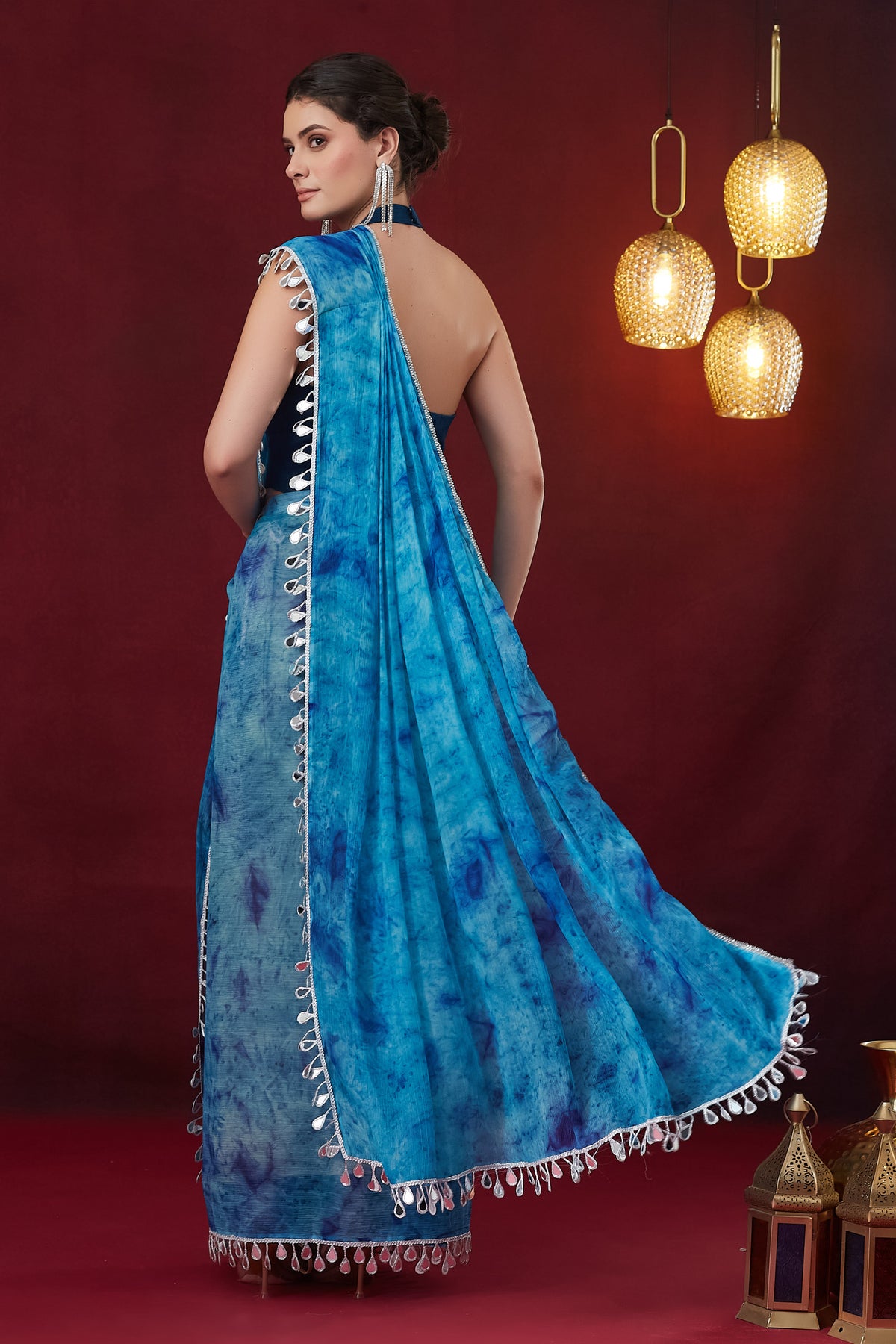 Blue Tie and Dye Pure Chiffon Party Wear Saree