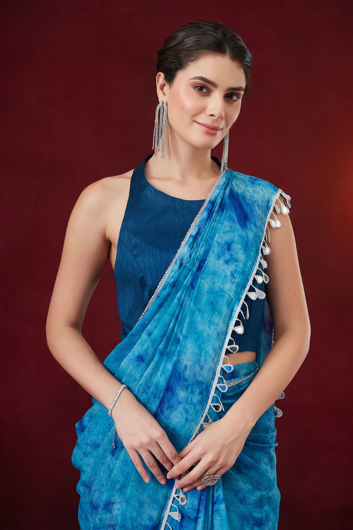 Blue Tie and Dye Pure Chiffon Party Wear Saree