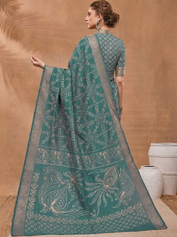 Teal Geometric Printed Organza Ready to Wear Saree
