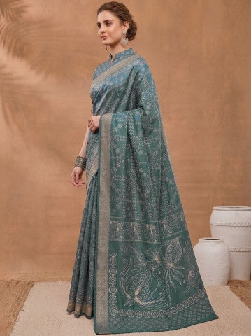 Teal Geometric Printed Organza Ready to Wear Saree