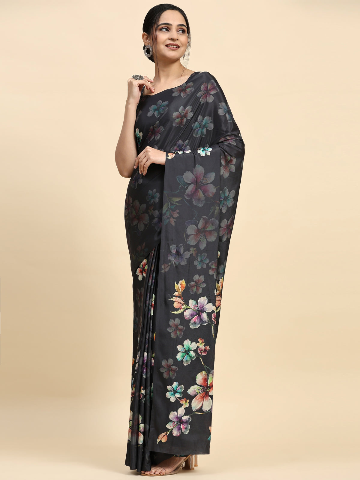 Grey Floral Printed Satin Designer Saree